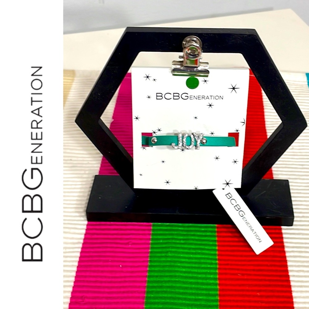 NWT BCBGeneration Mini Glitter Coated Affirmation Bracelet JOY in Green/Silver